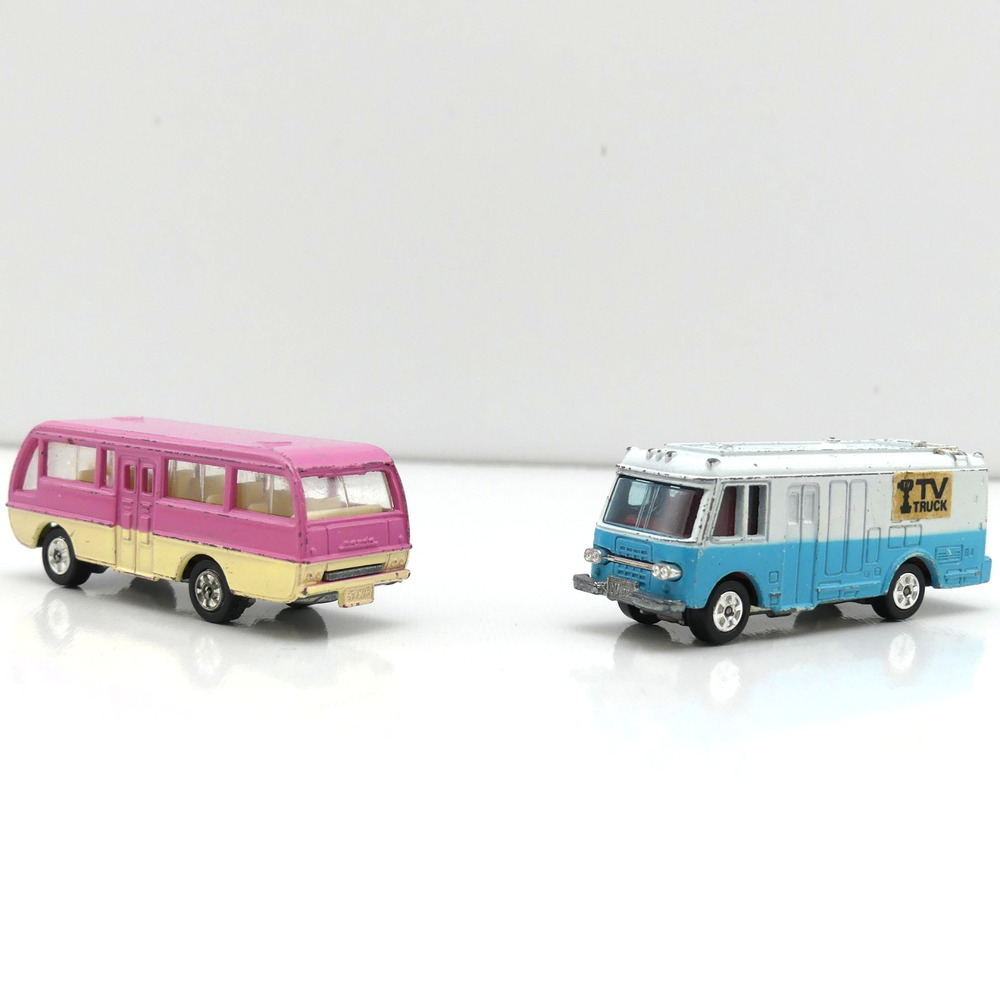 Lot of 2 Vintage Tomica Diecast Mazda Bus & TV Broadcast Truck Japan Toy Cars